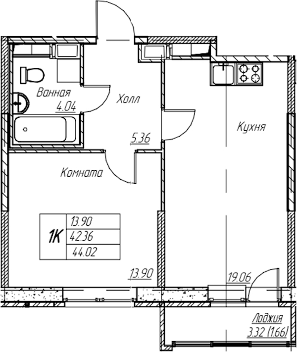 1-комнатная квартира 44.02 м², 3/22 эт., ЖК «Парк-квартал Юнтолово»